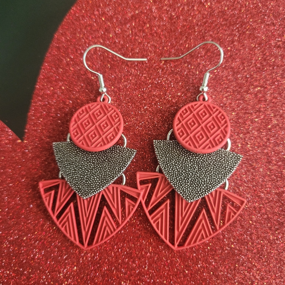 Geometric Red and Silver Earrings, Metals, Crystals,multi-colored. 5 Pairs. New